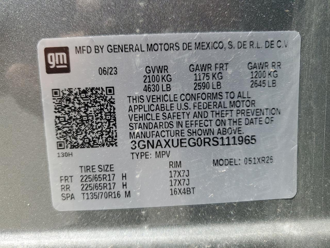 2024 CHEVROLET EQUINOX LT VIN:3GNAXUEG0RS111965