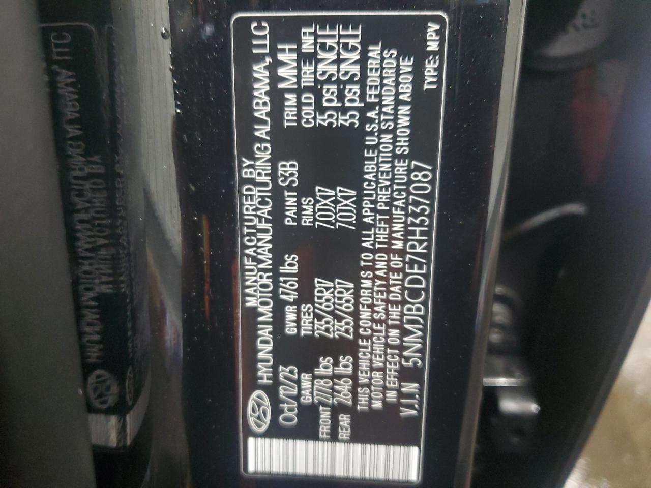 2024 HYUNDAI TUCSON SEL VIN:5NMJBCDE7RH337087