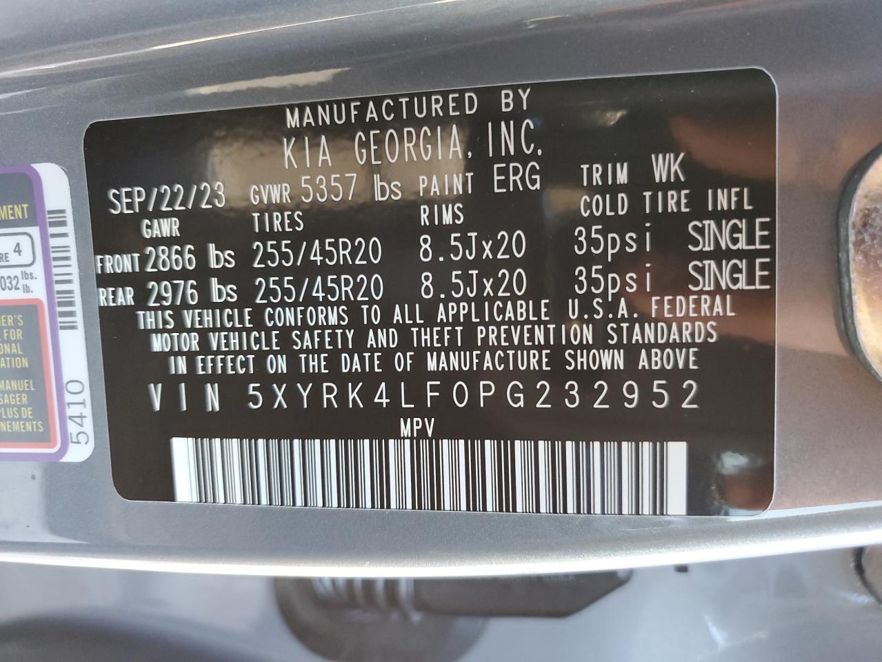 2023 KIA SORENTO SX VIN:5XYRK4LF0PG232952