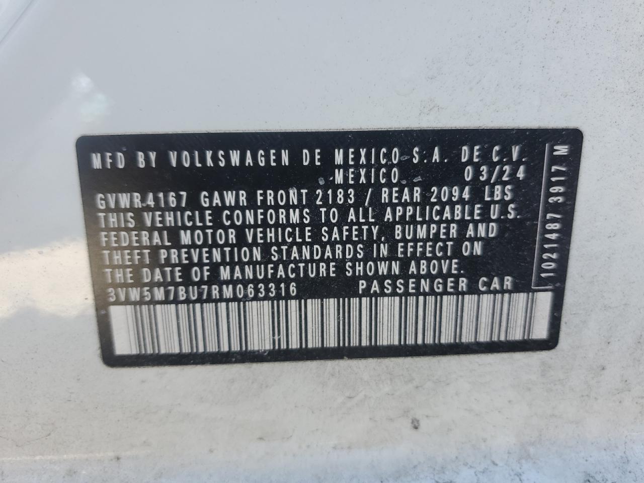 2024 VOLKSWAGEN JETTA S VIN:3VW5M7BU7RM063316