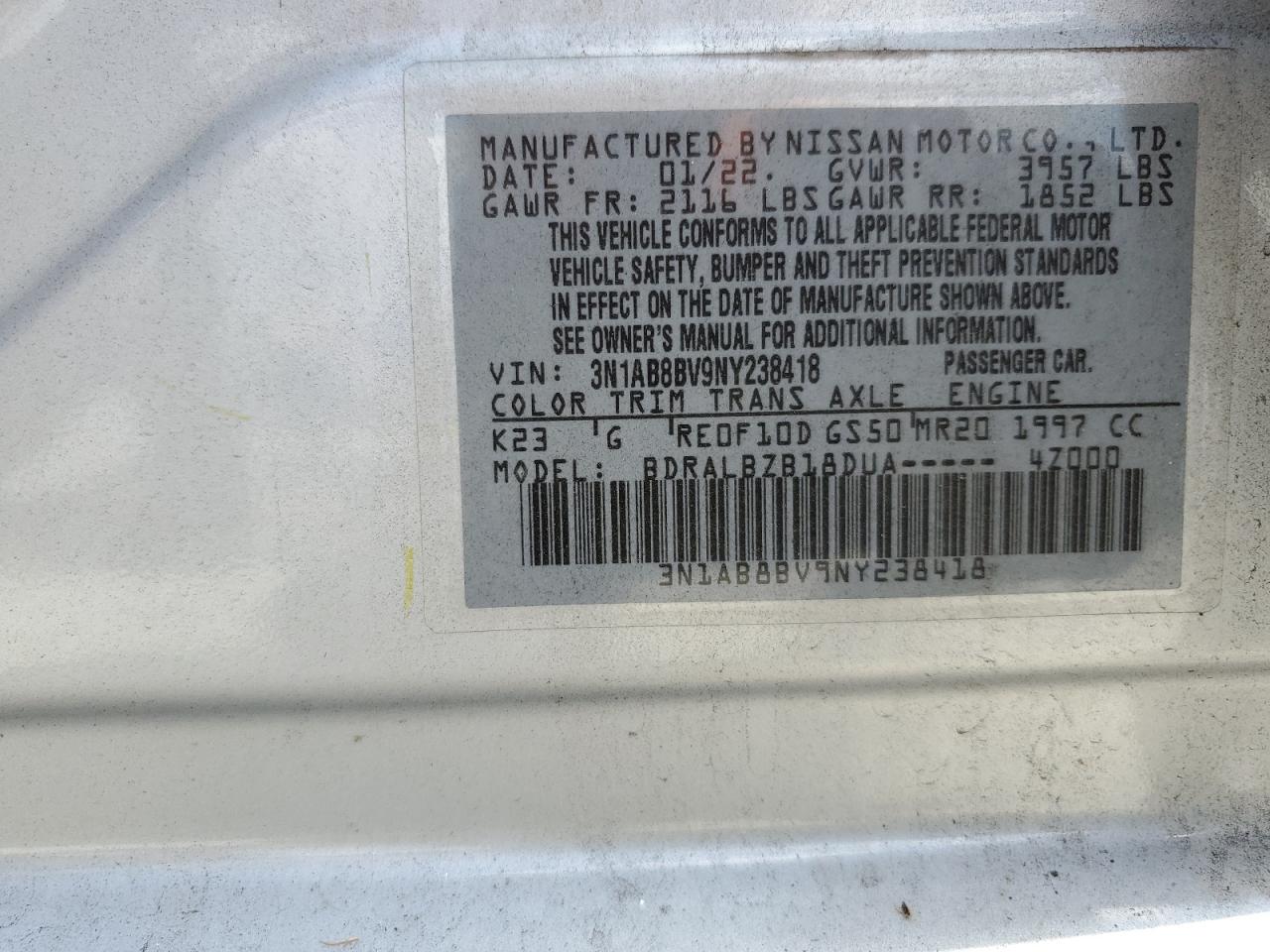 2022 NISSAN SENTRA S VIN:3N1AB8BV9NY238418