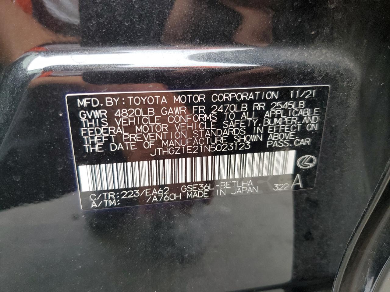 2022 LEXUS IS 350 F SPORT VIN:JTHGZ1E21N5023123