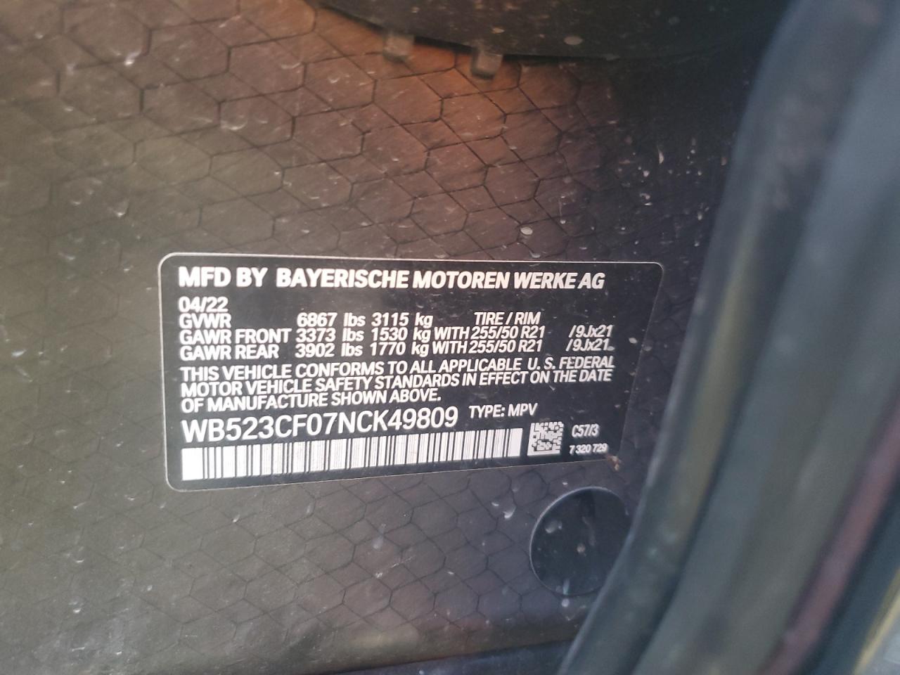 2022 BMW IX XDRIVE50 VIN:WB523CF07NCK49809