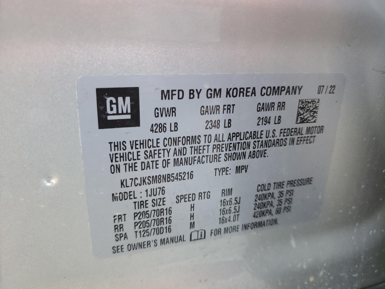 2022 CHEVROLET TRAX LS VIN:KL7CJKSM8NB545216