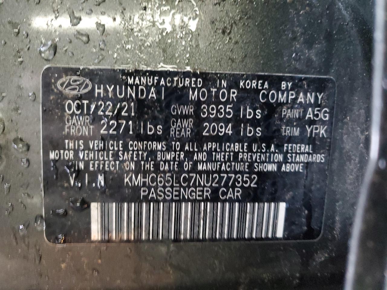 2022 HYUNDAI IONIQ BLUE VIN:KMHC65LC7NU277352