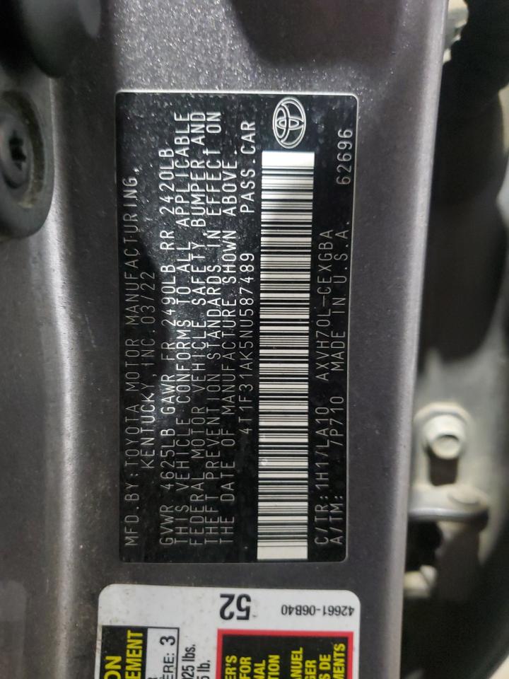 2022 TOYOTA CAMRY XLE VIN:4T1F31AK5NU587489