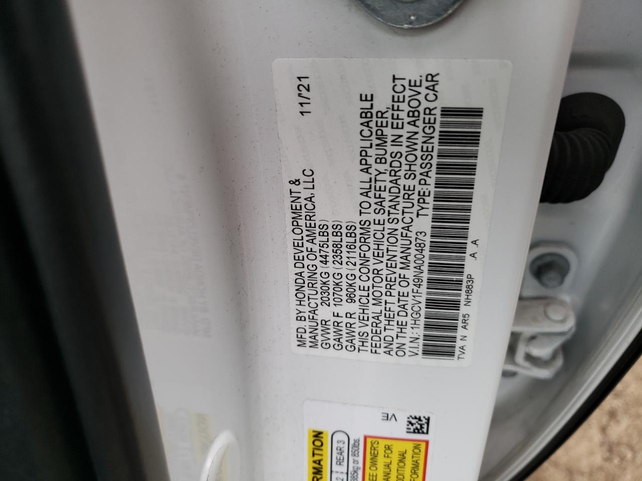 2022 HONDA ACCORD SPORT SE VIN:1HGCV1F49NA004873