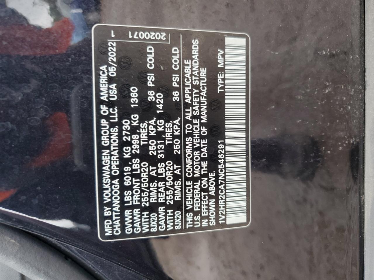 2022 VOLKSWAGEN ATLAS SE VIN:1V2HR2CA7NC546291