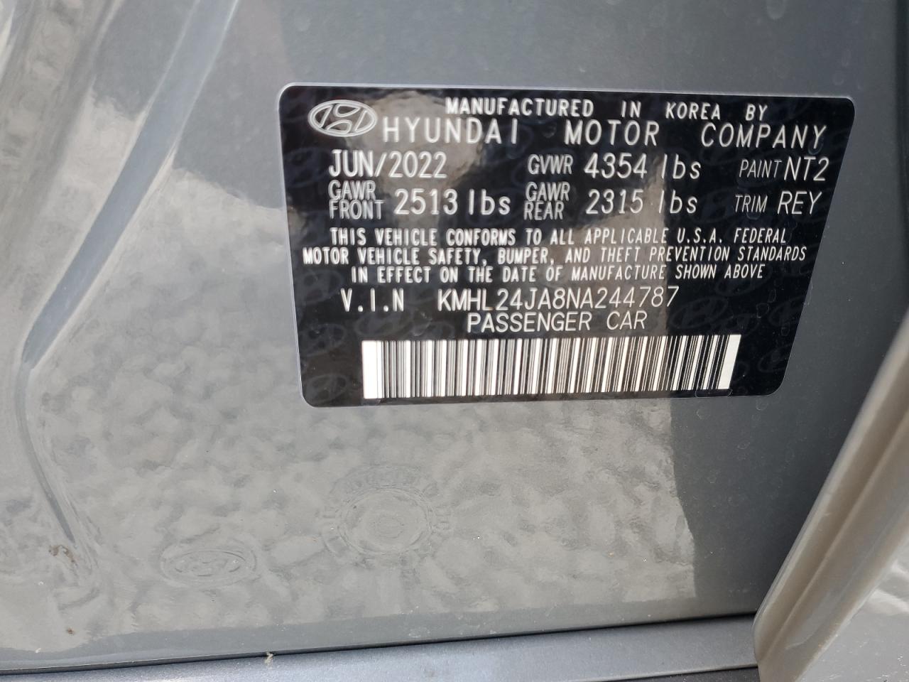 2022 HYUNDAI SONATA SE VIN:KMHL24JA8NA244787