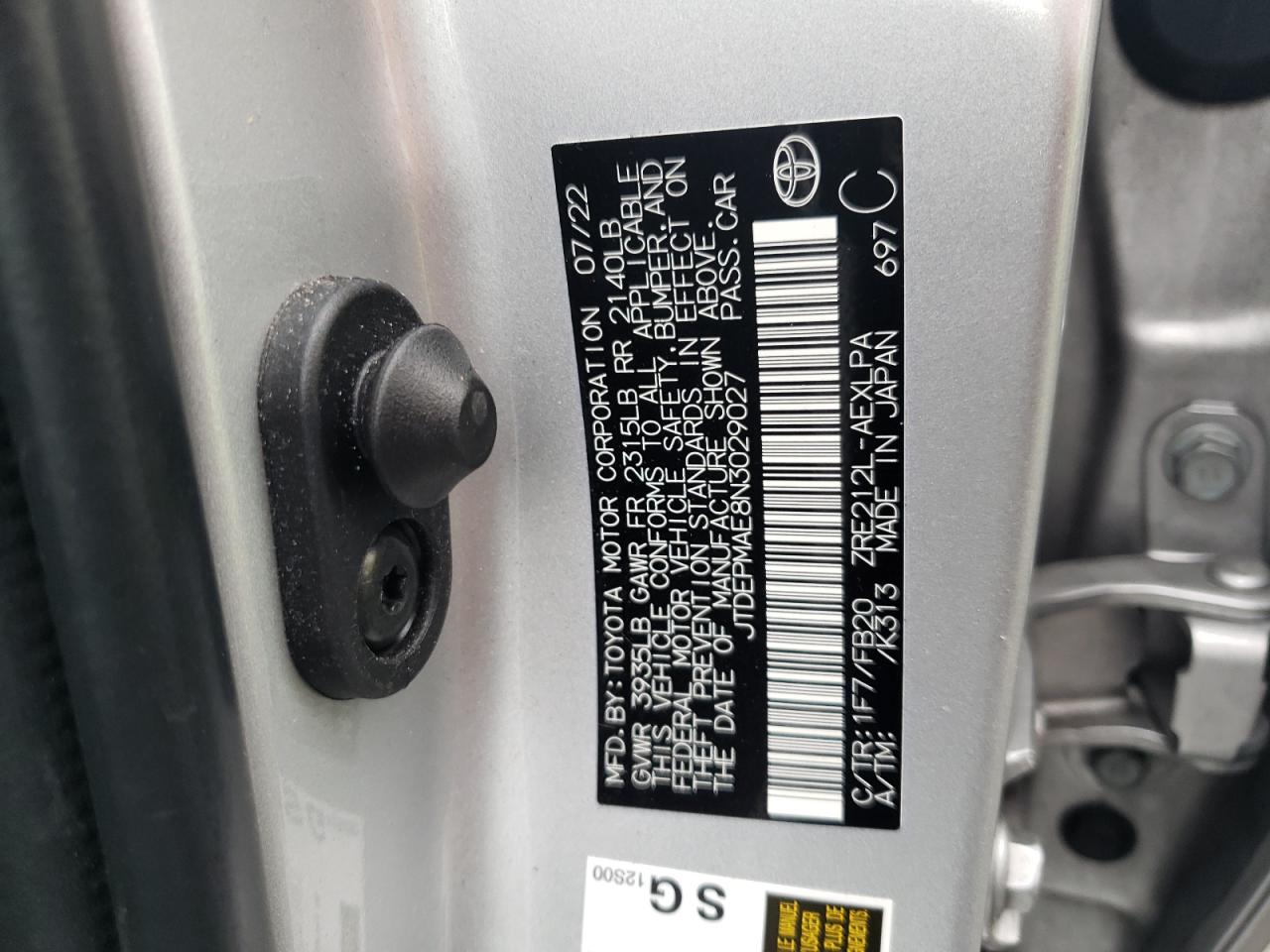 2022 TOYOTA COROLLA LE VIN:JTDEPMAE8N3029027