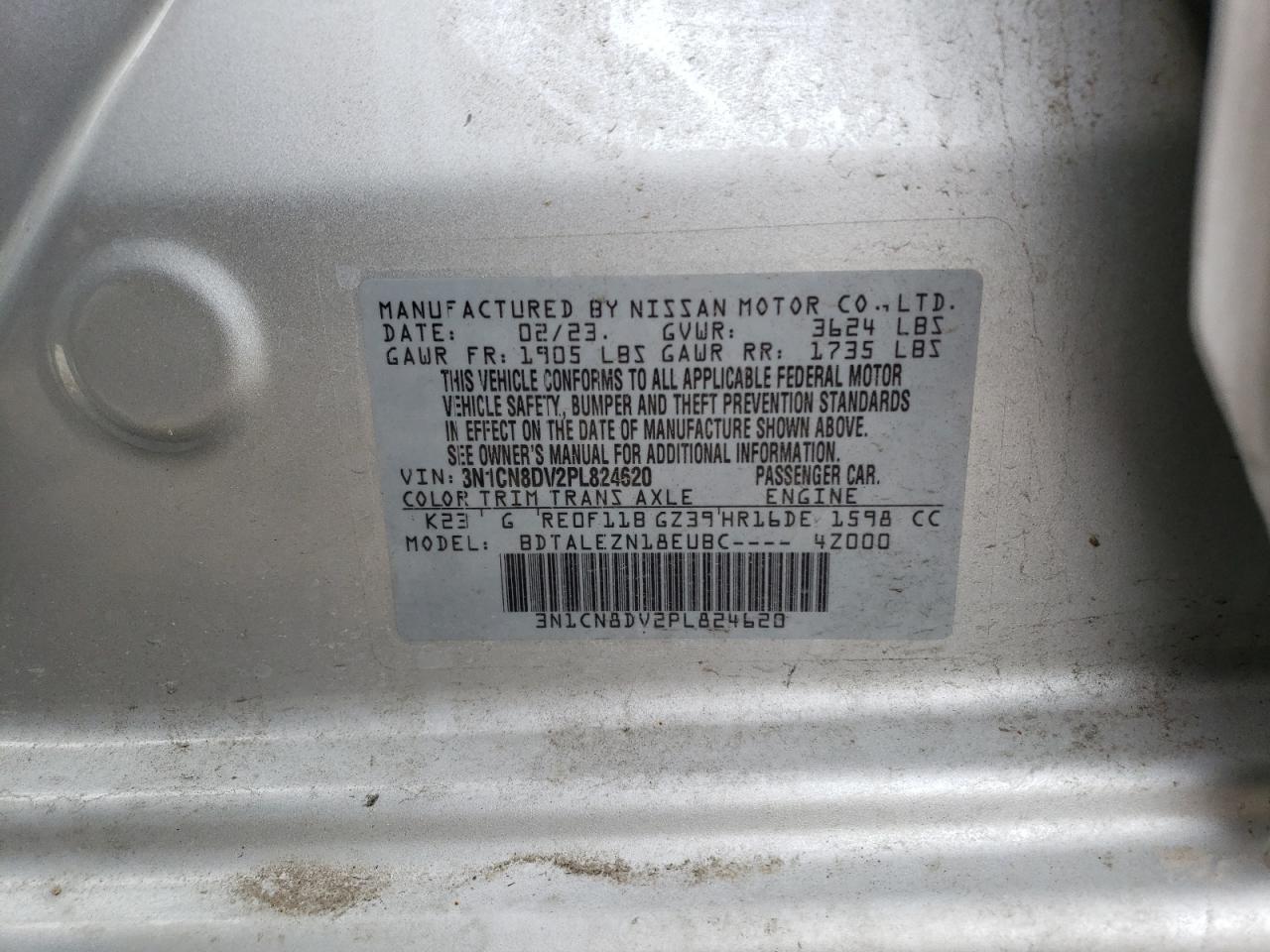 2023 NISSAN VERSA S VIN:3N1CN8DV2PL824620