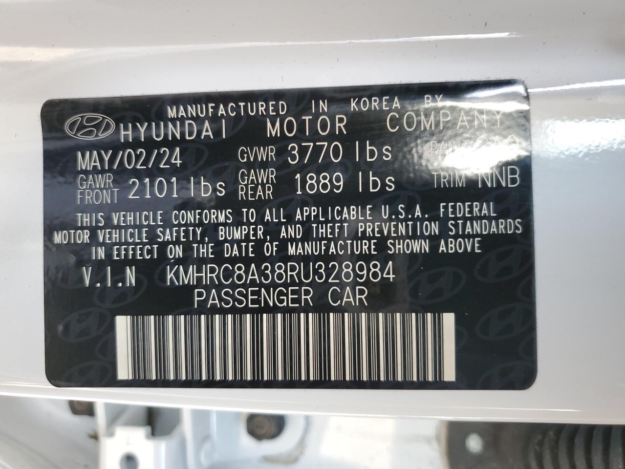 2024 HYUNDAI VENUE SEL VIN:KMHRC8A38RU328984