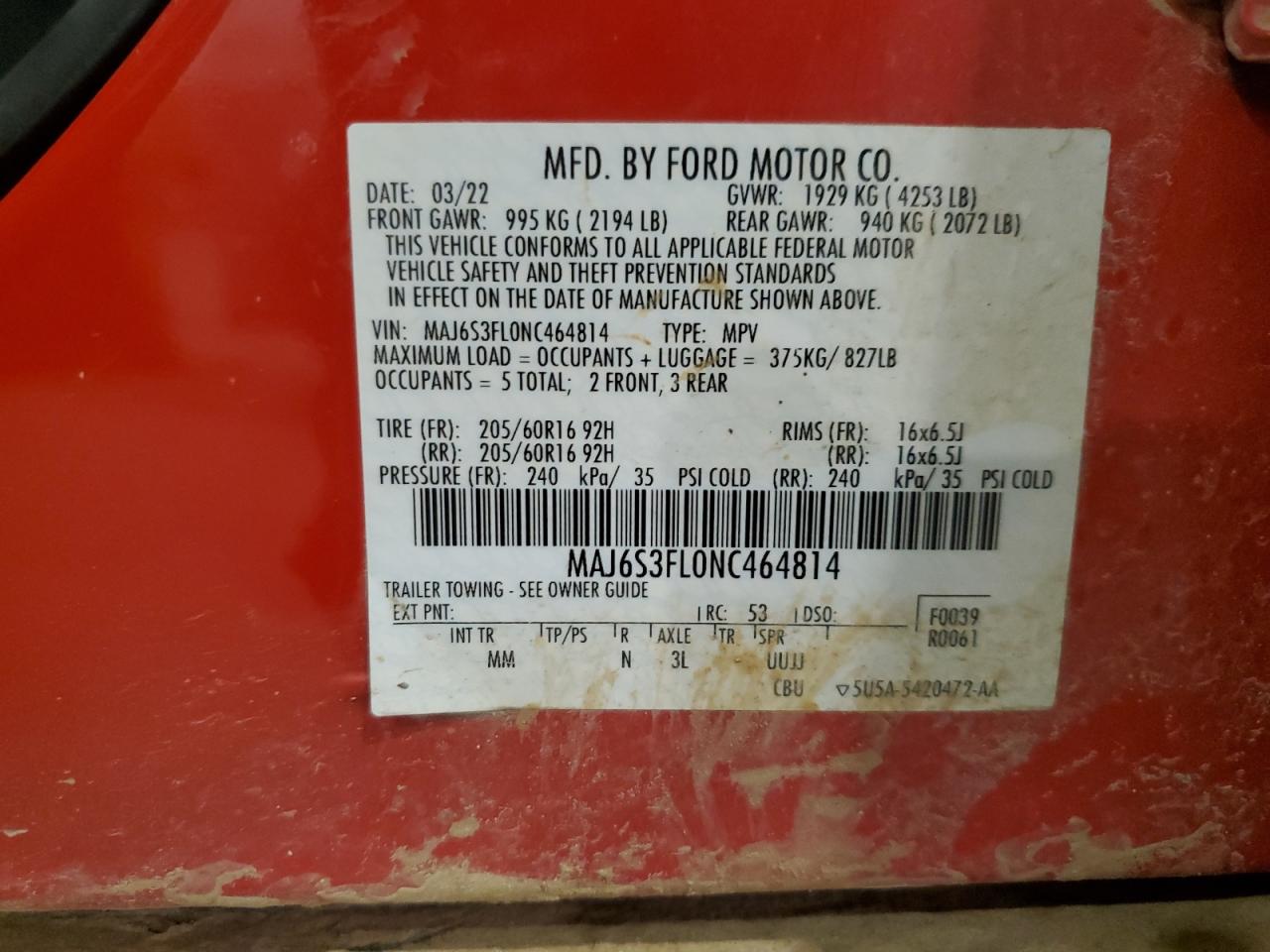 2022 FORD ECOSPORT S VIN:MAJ6S3FL0NC464814