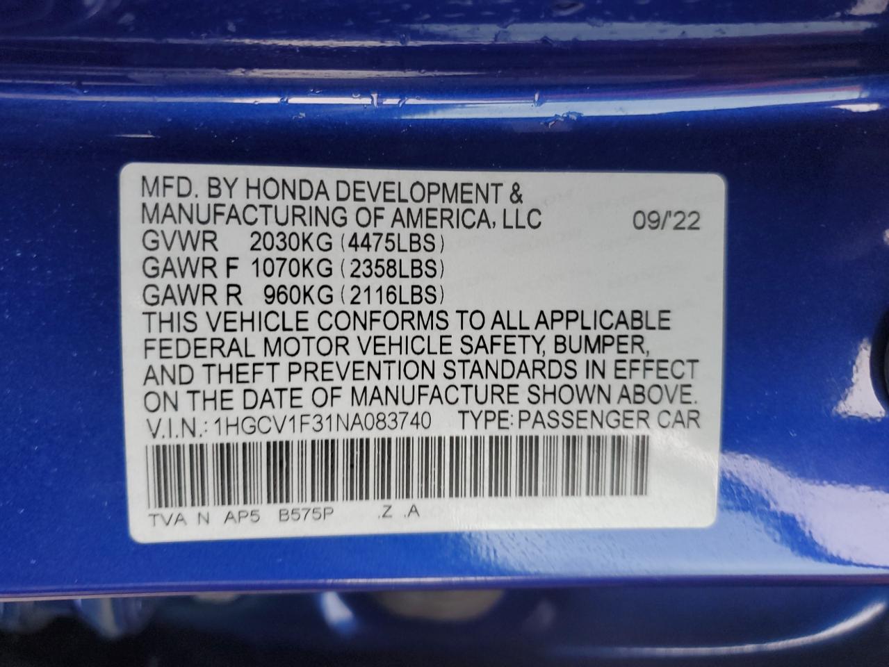 2022 HONDA ACCORD SPORT VIN:1HGCV1F31NA083740