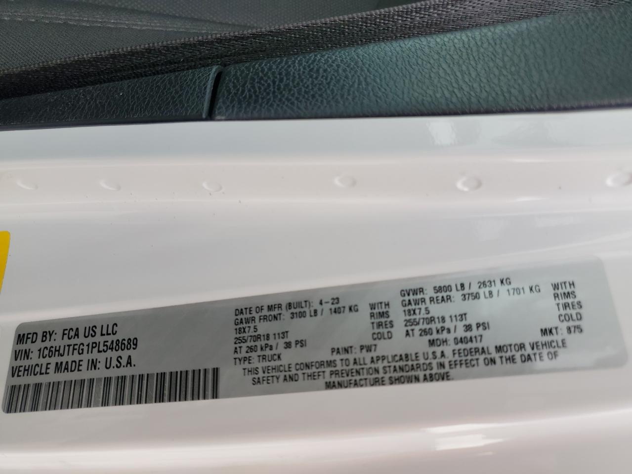 2023 JEEP GLADIATOR OVERLAND VIN:1C6HJTFG1PL548689
