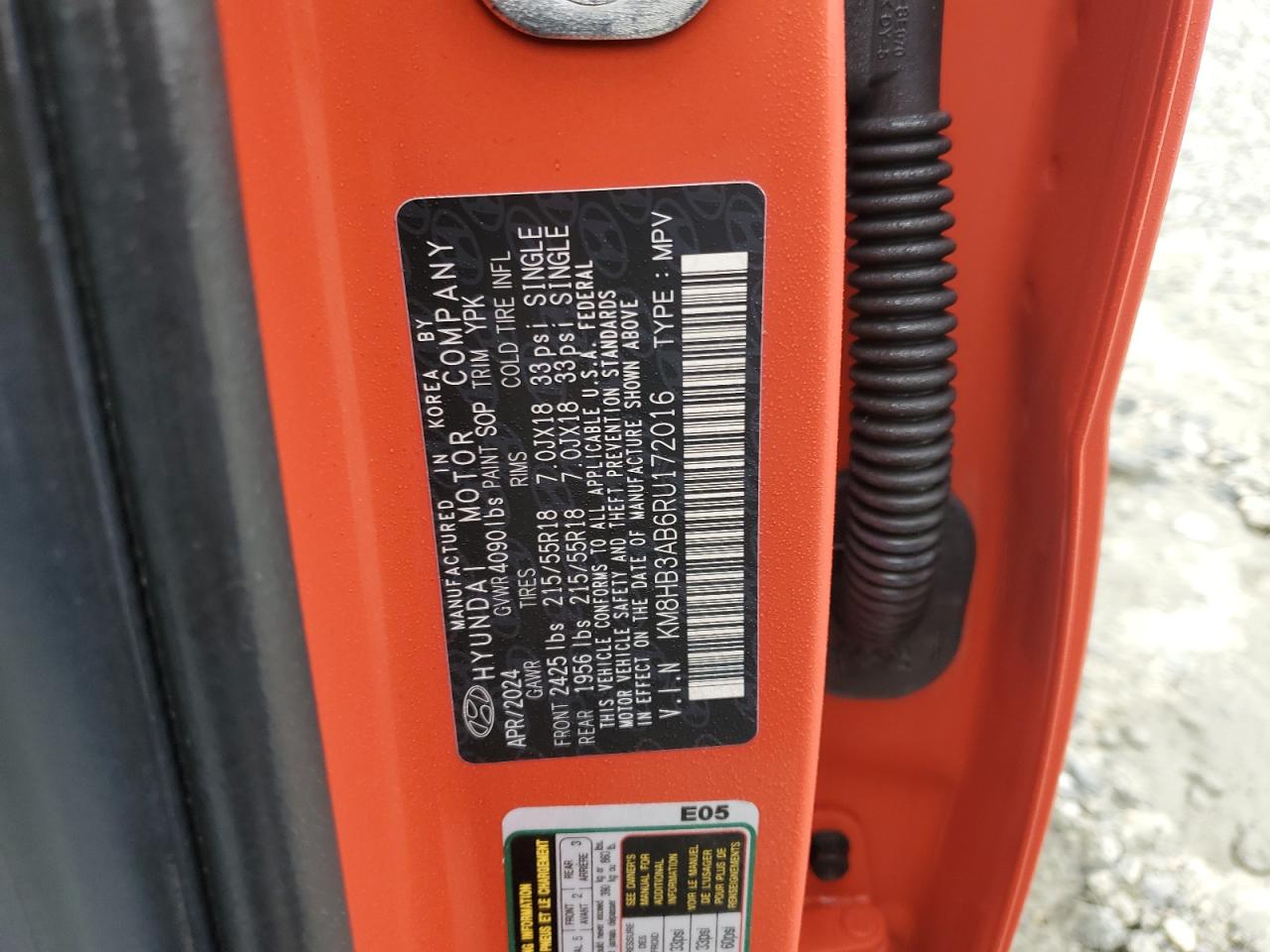 2024 HYUNDAI KONA SEL VIN:KM8HB3AB6RU172016