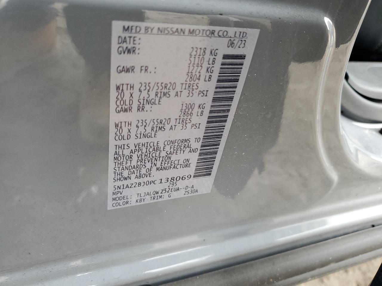 2023 NISSAN MURANO SV VIN:5N1AZ2BJ0PC138069