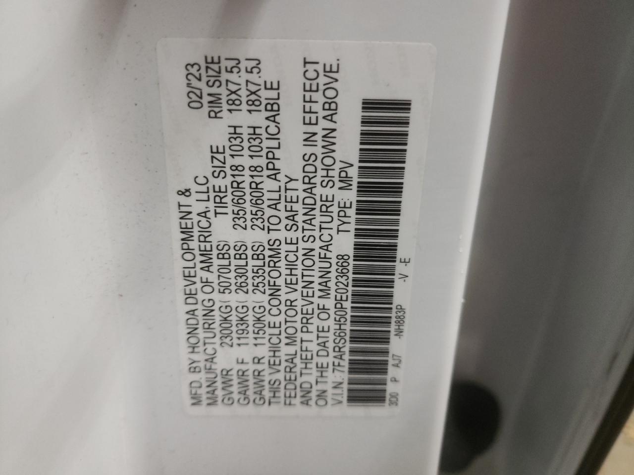 2023 HONDA CR-V SPORT VIN:7FARS6H50PE023668