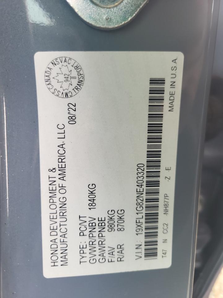 2022 HONDA CIVIC SPORT TOURING VIN:19XFL1G82NE403320