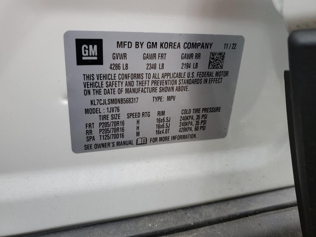 2022 CHEVROLET TRAX 1LT VIN:KL7CJLSM0NB568317