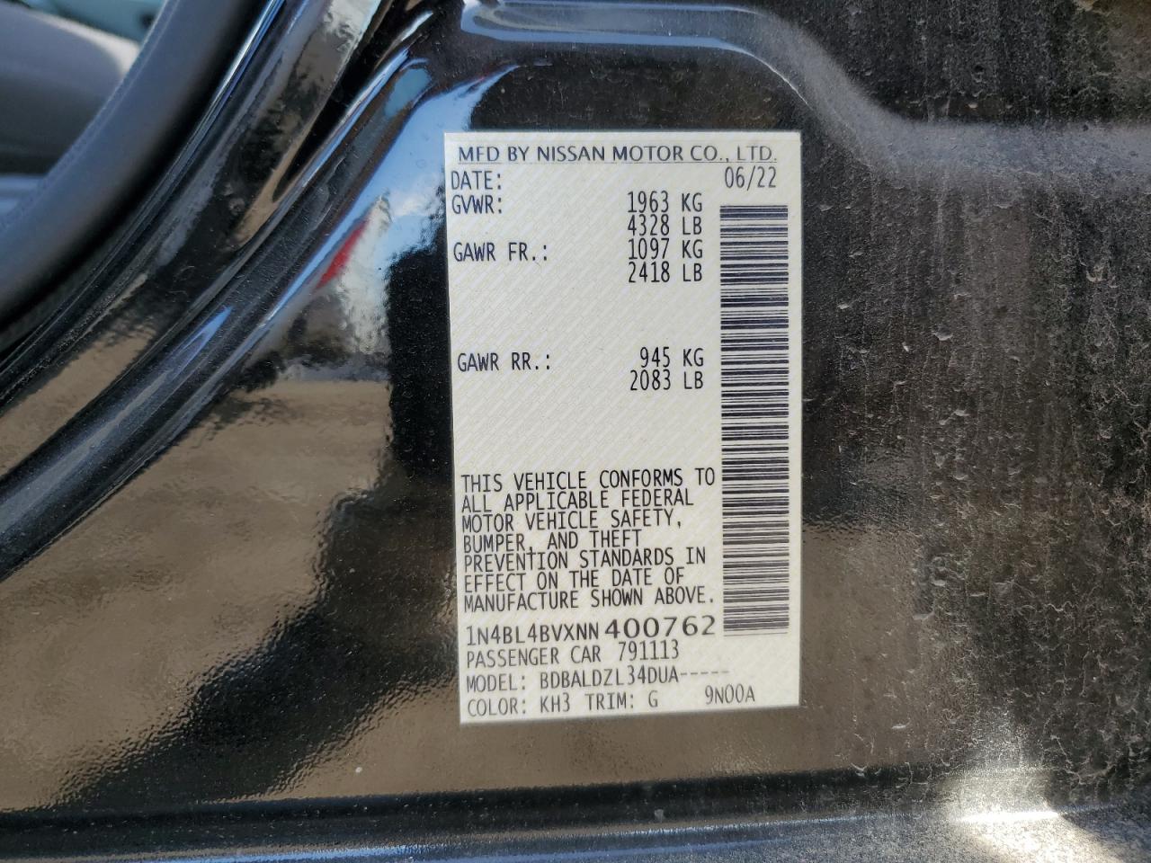 2022 NISSAN ALTIMA S VIN:1N4BL4BVXNN400762