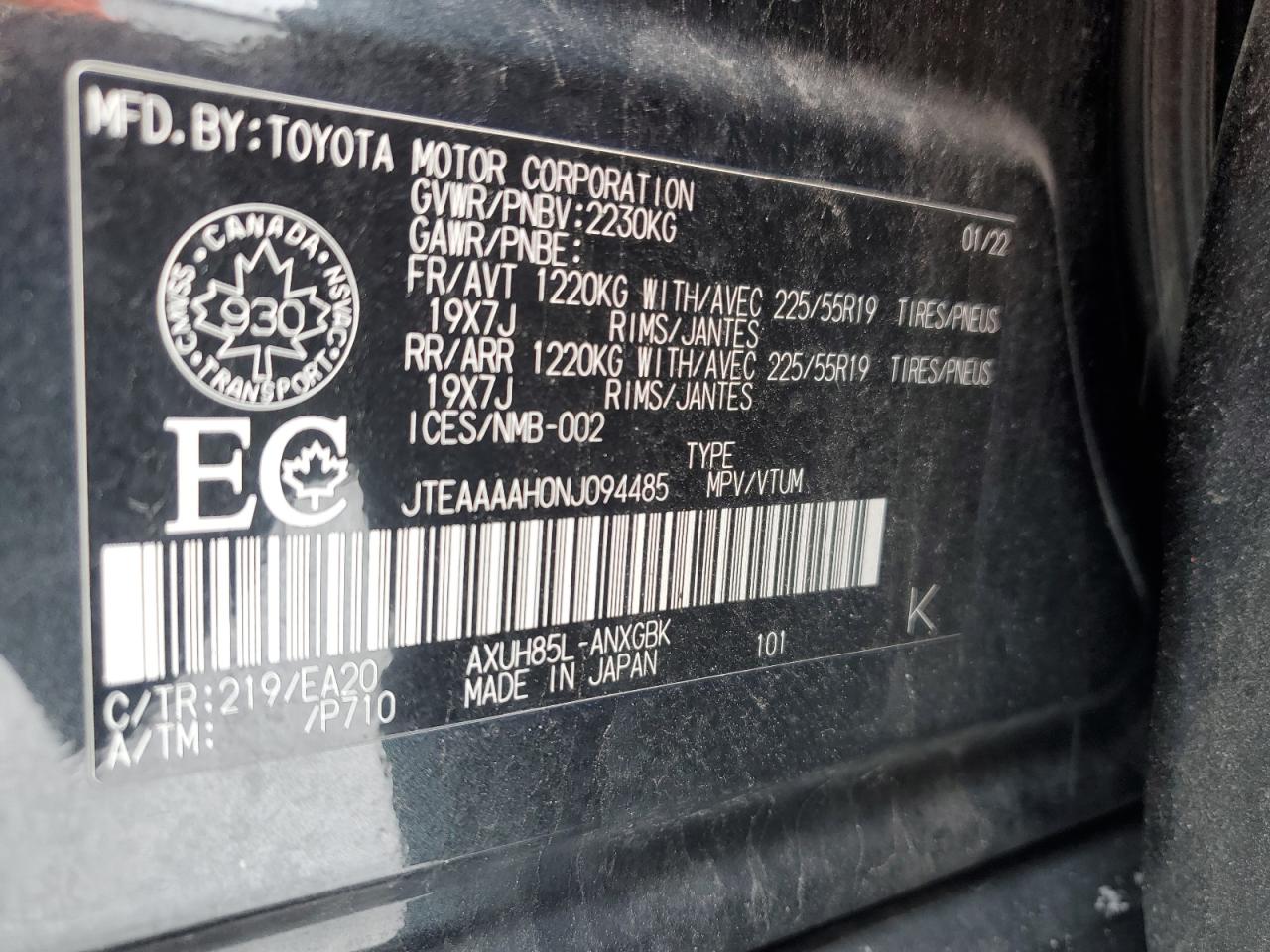 2022 TOYOTA VENZA LE VIN:JTEAAAAH0NJ094485