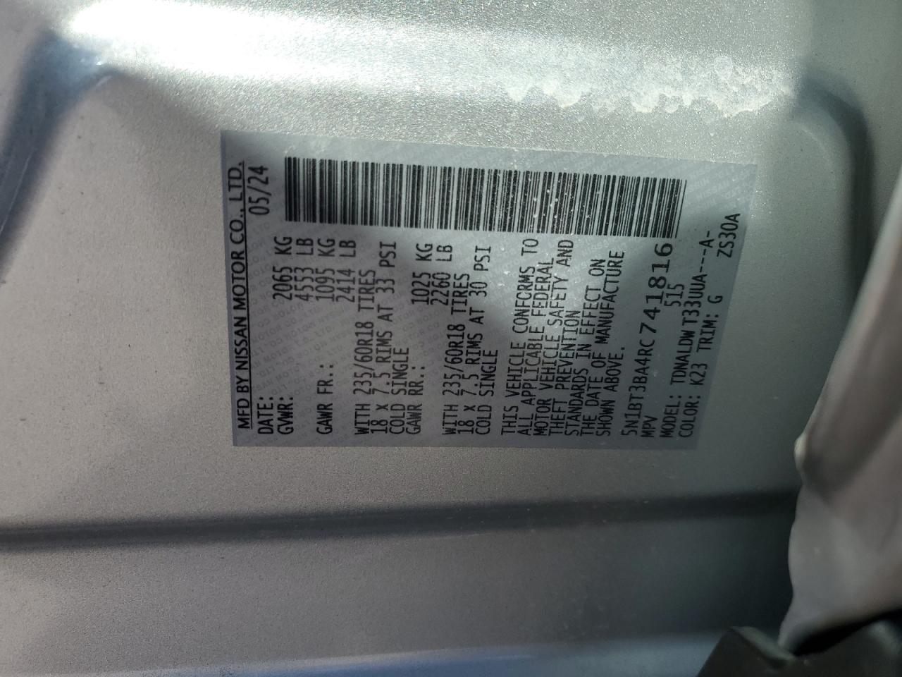 2024 NISSAN ROGUE SV VIN:5N1BT3BA4RC741816