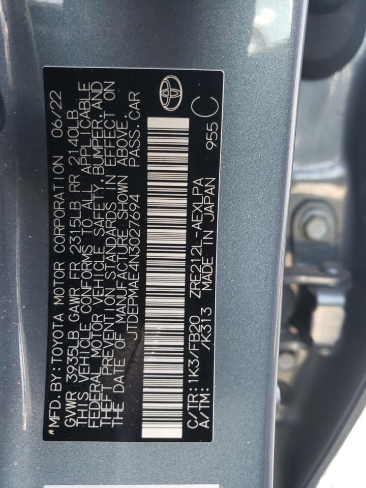 2022 TOYOTA COROLLA LE VIN:JTDEPMAE4N3027694