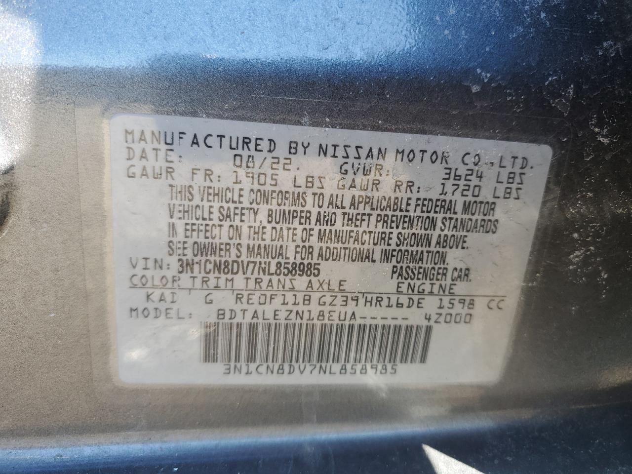 2022 NISSAN VERSA S VIN:3N1CN8DV7NL858985