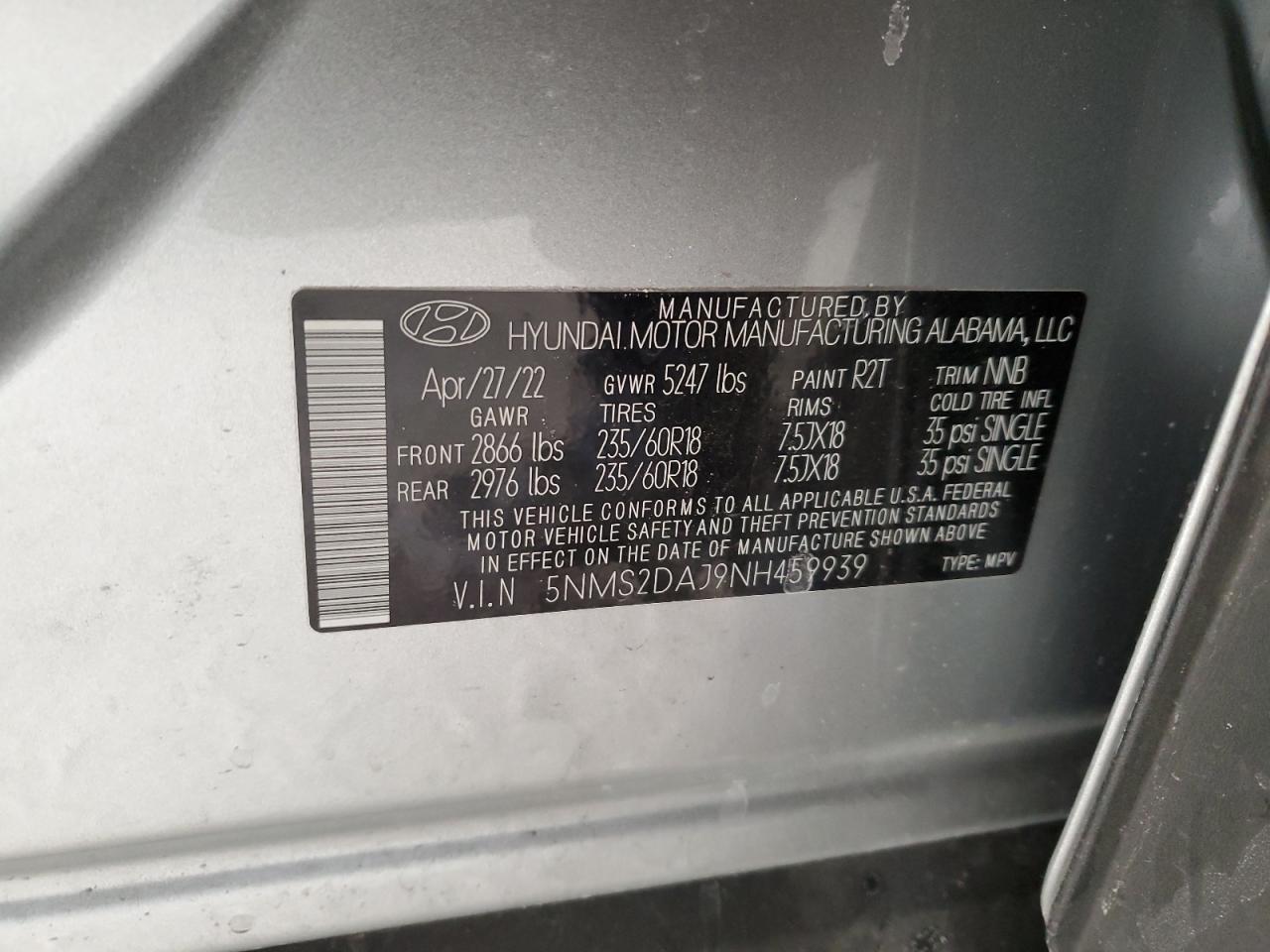 2022 HYUNDAI SANTA FE SEL VIN:5NMS2DAJ9NH459939