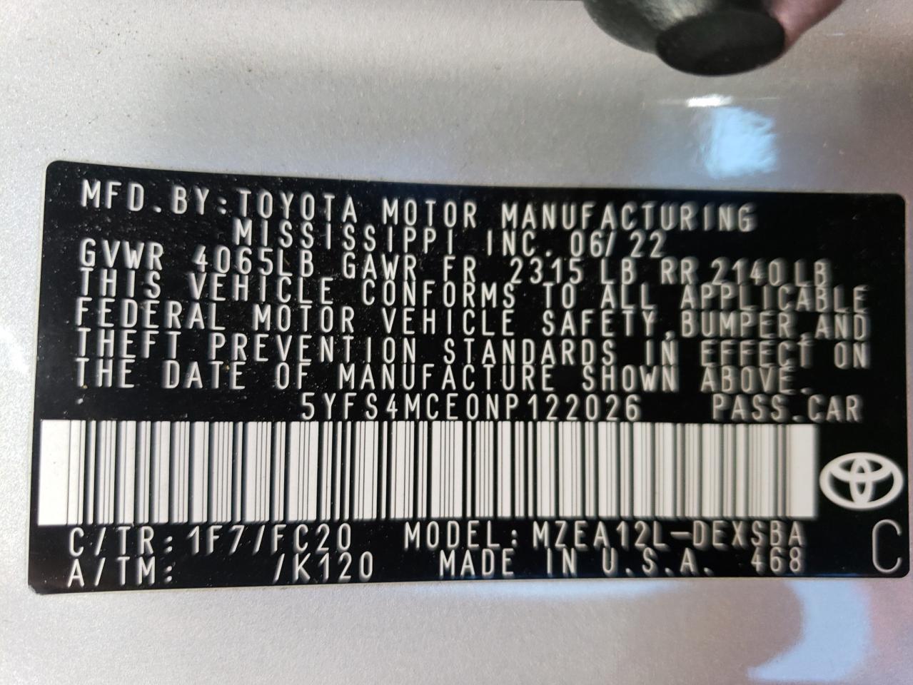 2022 TOYOTA COROLLA SE VIN:5YFS4MCE0NP122026