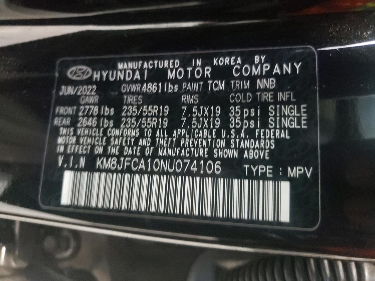 2022 HYUNDAI TUCSON SEL CONVENIENCE VIN:KM8JFCA10NU074106