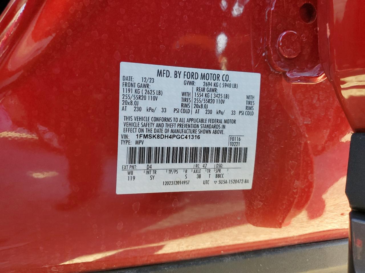 2023 FORD EXPLORER XLT VIN:1FMSK8DH4PGC41316