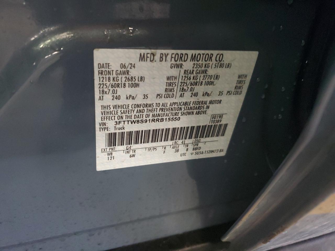 2024 FORD MAVERICK LARIAT VIN:3FTTW8S91RRB15550