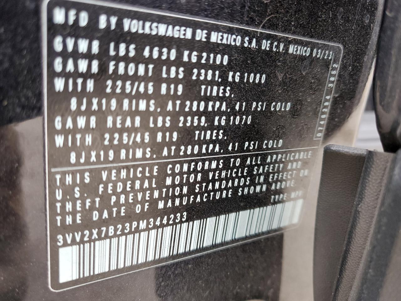 2023 VOLKSWAGEN TAOS SEL VIN:3VV2X7B23PM344233