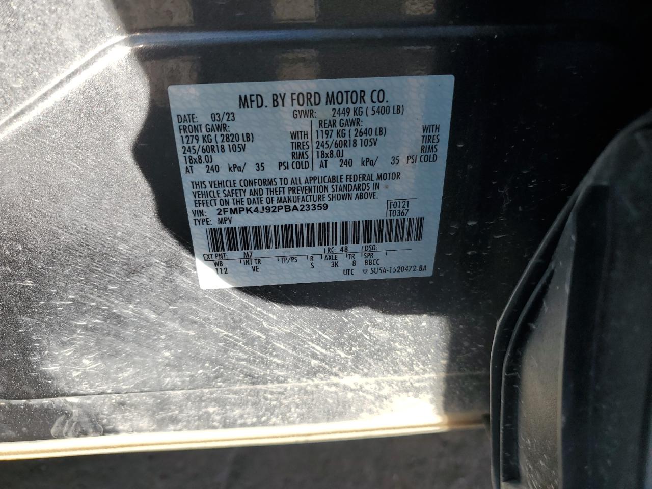2023 FORD EDGE SEL VIN:2FMPK4J92PBA23359