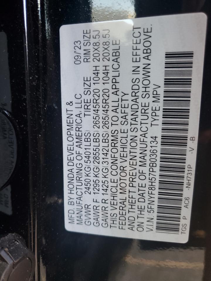 2023 HONDA PASSPORT EXL VIN:5FNYF8H57PB036134
