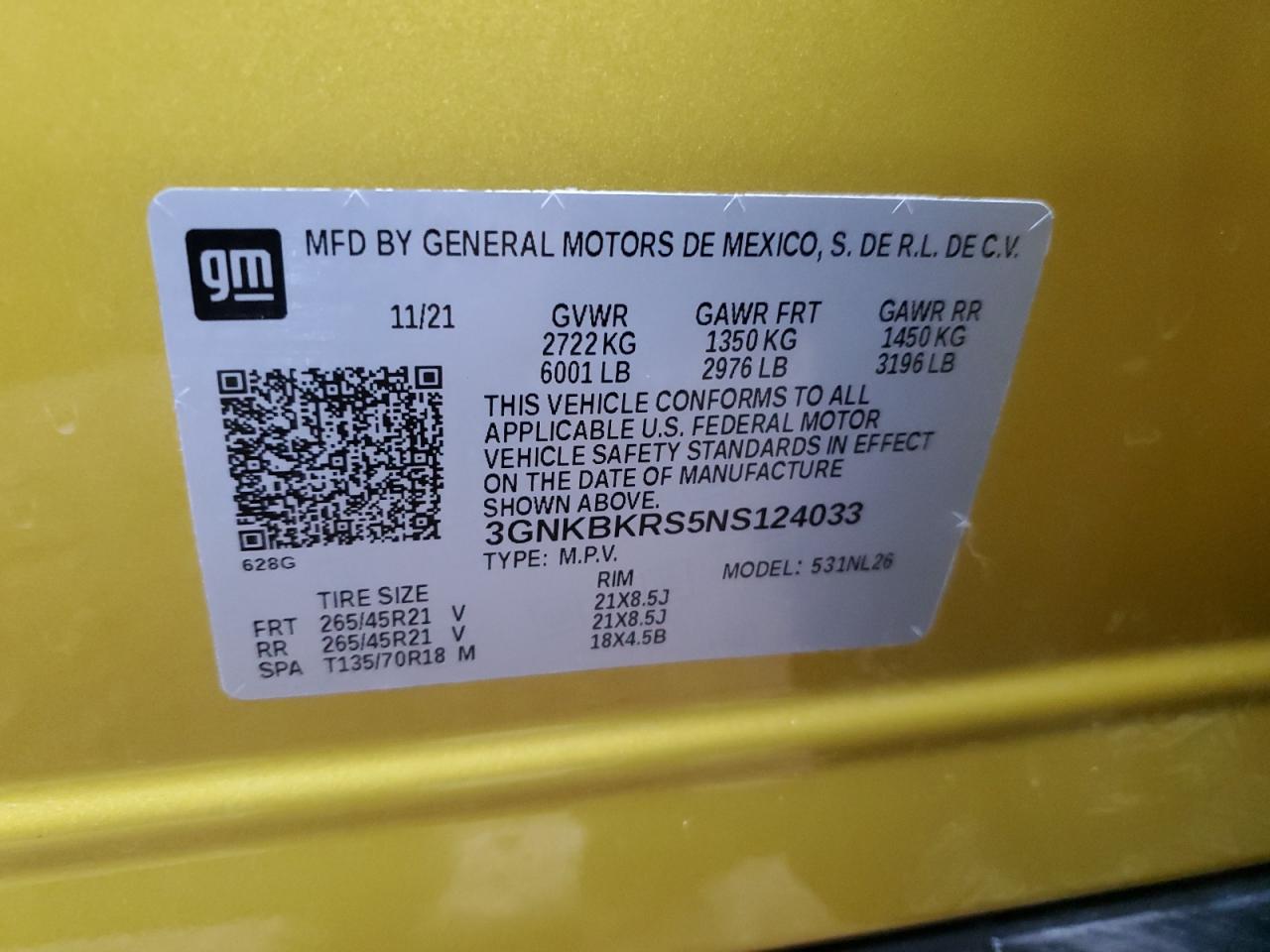 2022 CHEVROLET BLAZER RS VIN:3GNKBKRS5NS124033