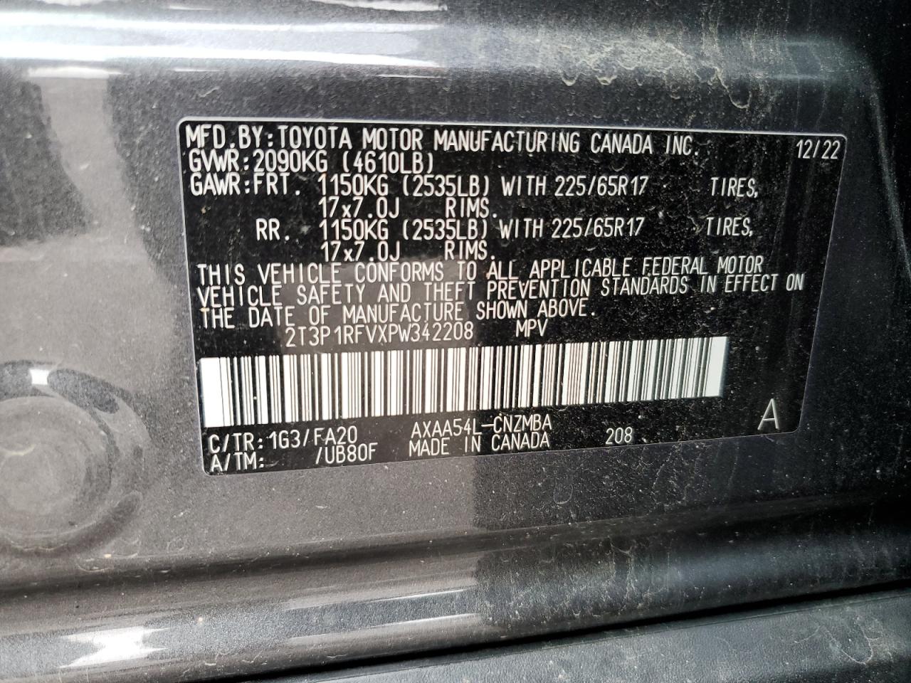 2023 TOYOTA RAV4 XLE VIN:2T3P1RFVXPW342208