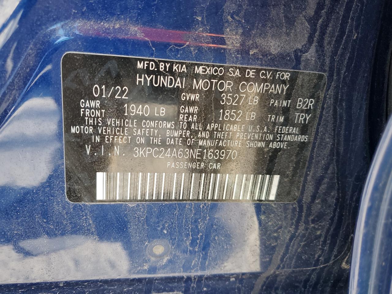 2022 HYUNDAI ACCENT SE VIN:3KPC24A63NE163970