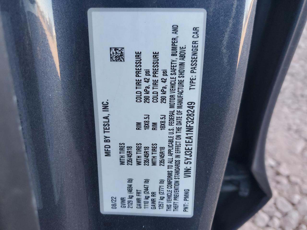2022 TESLA MODEL 3  VIN:5YJ3E1EA1NF328249