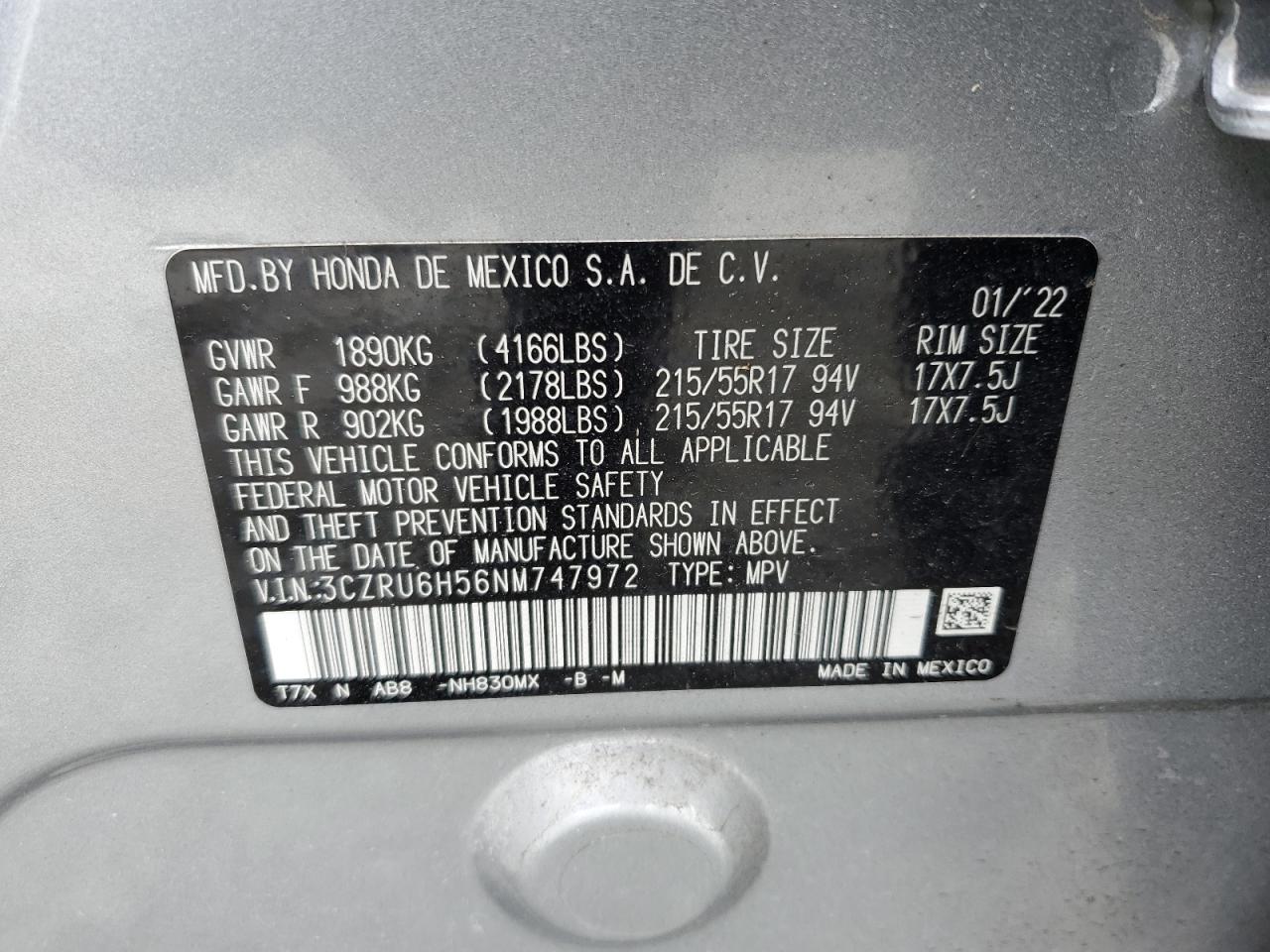 2022 HONDA HR-V EX VIN:3CZRU6H56NM747972