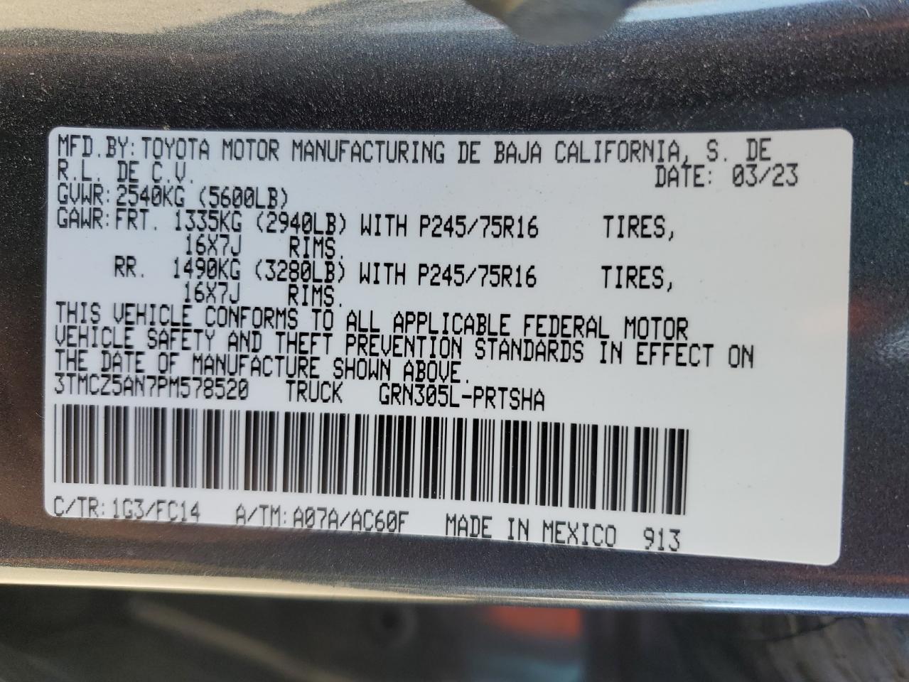 2023 TOYOTA TACOMA DOUBLE CAB VIN:3TMCZ5AN7PM578520