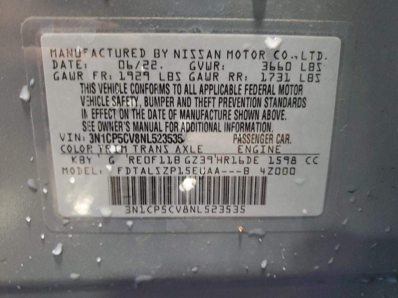2022 NISSAN KICKS SV VIN:3N1CP5CV8NL523535