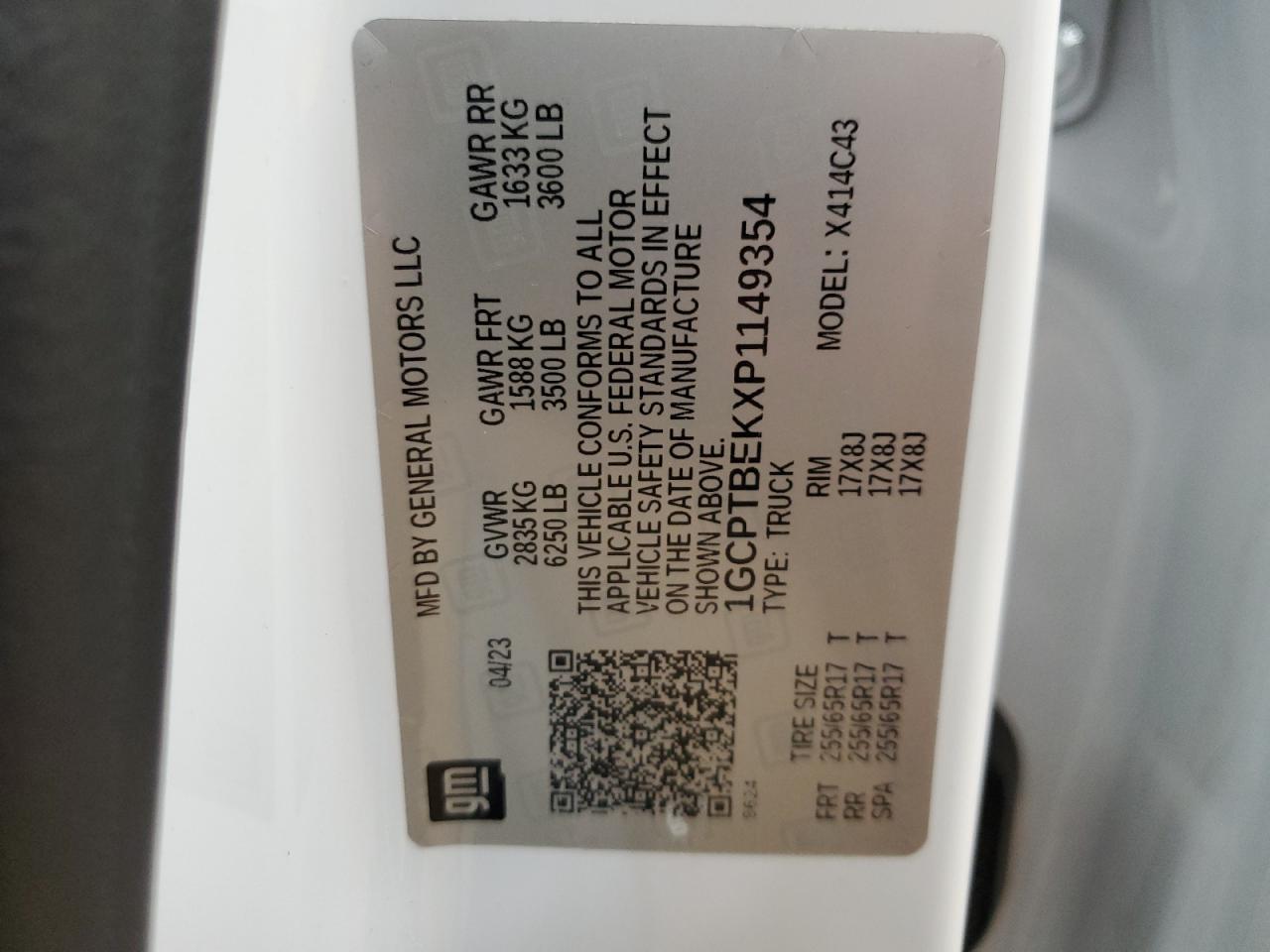 2023 CHEVROLET COLORADO  VIN:1GCPTBEKXP1149354