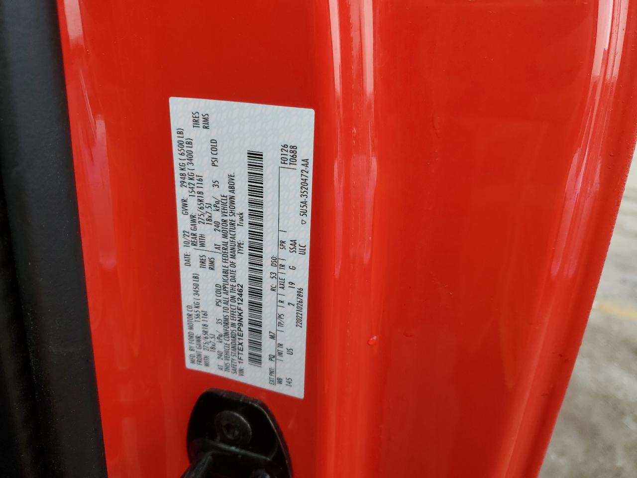 2022 FORD F150 SUPER CAB VIN:1FTEX1EP9NKF12462
