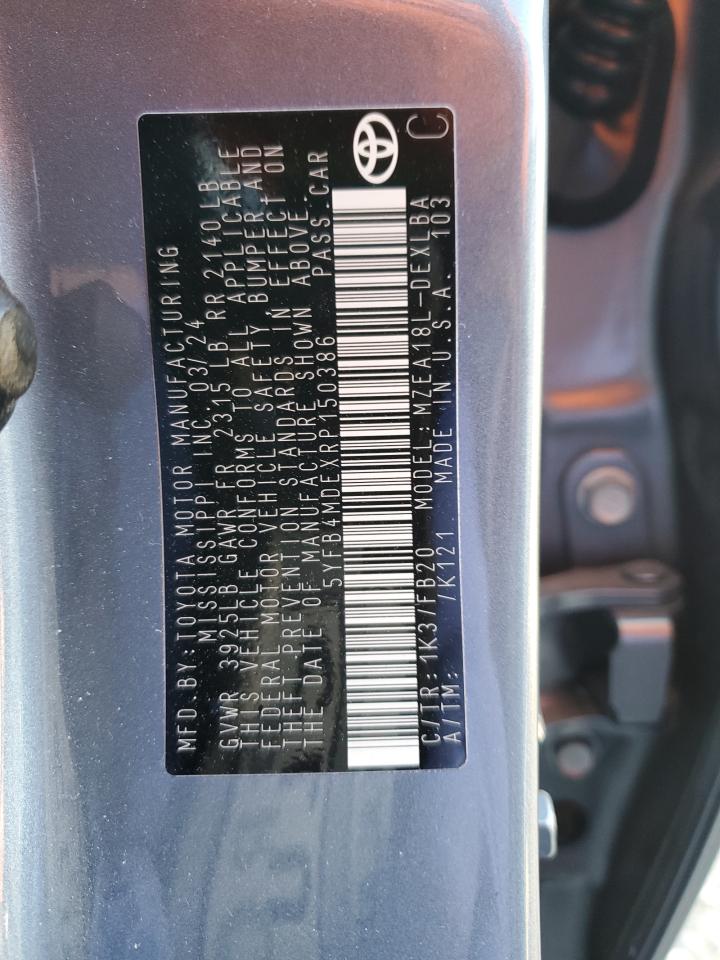 2024 TOYOTA COROLLA LE VIN:5YFB4MDEXRP150386