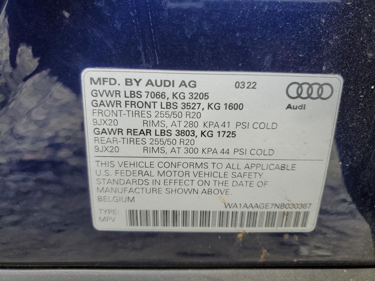 2022 AUDI E-TRON PREMIUM VIN:WA1AAAGE7NB030367