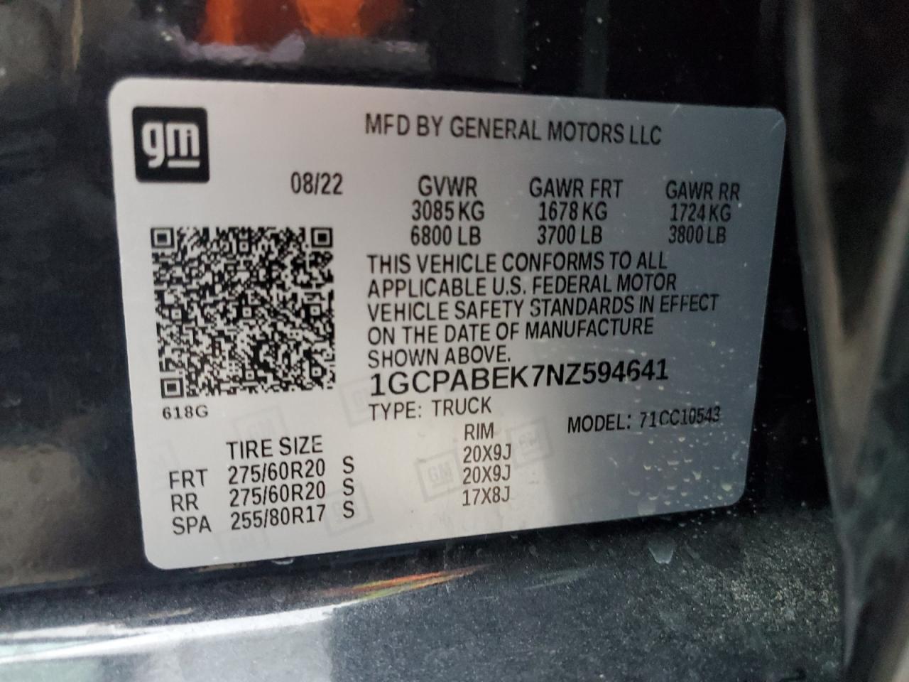 2022 CHEVROLET SILVERADO C1500 CUSTOM VIN:1GCPABEK7NZ594641