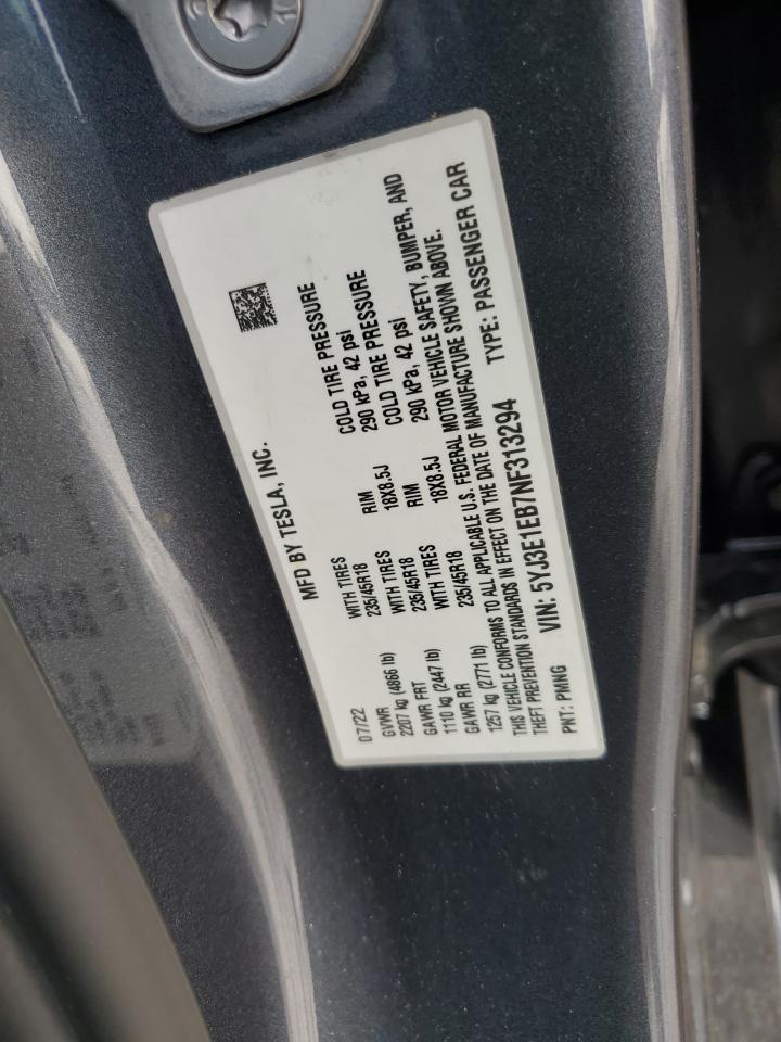 2022 TESLA MODEL 3  VIN:5YJ3E1EB7NF313294